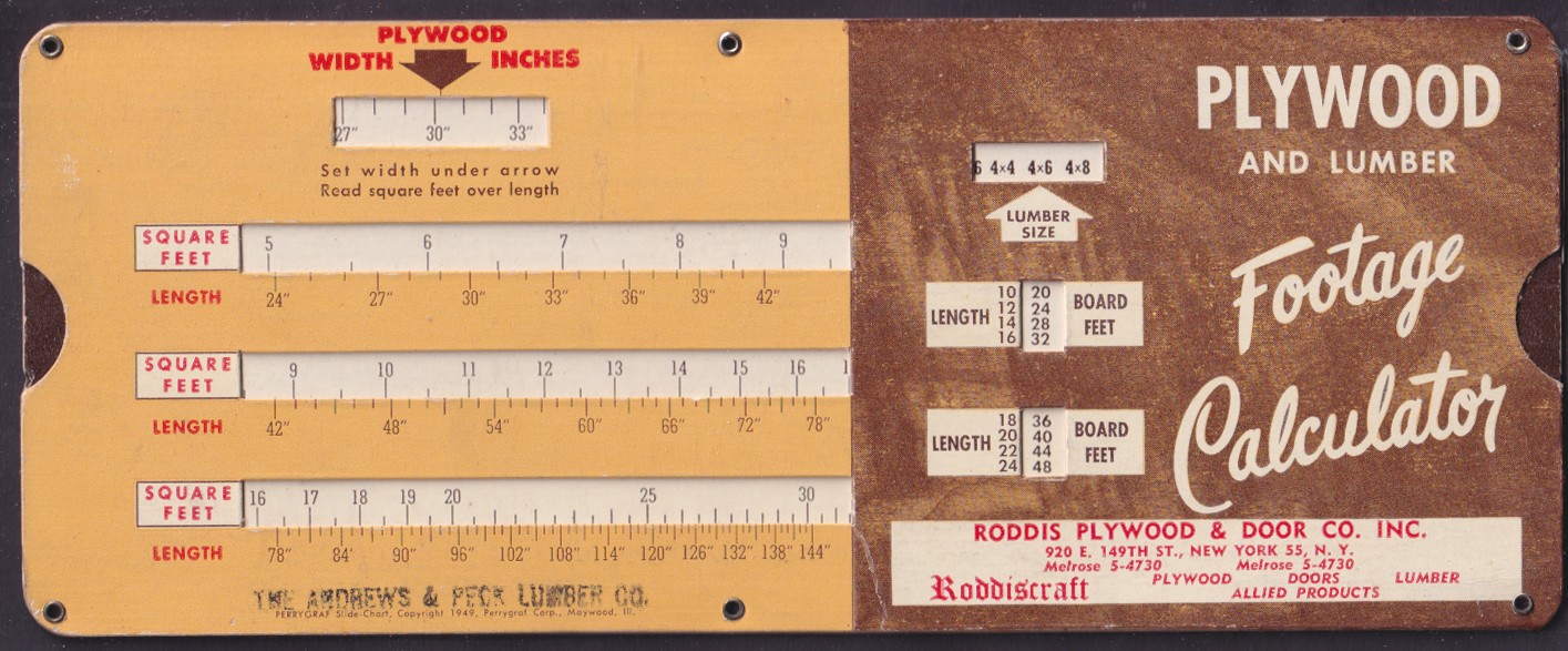 Roddis Plywood & Door Lumber Footage sliding Calculator 1949
