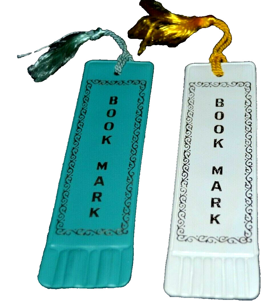 Bookmarks Blue/Gold & White/Gold with Tassels 6″ long 2 Vintage Soft Plastic NOS