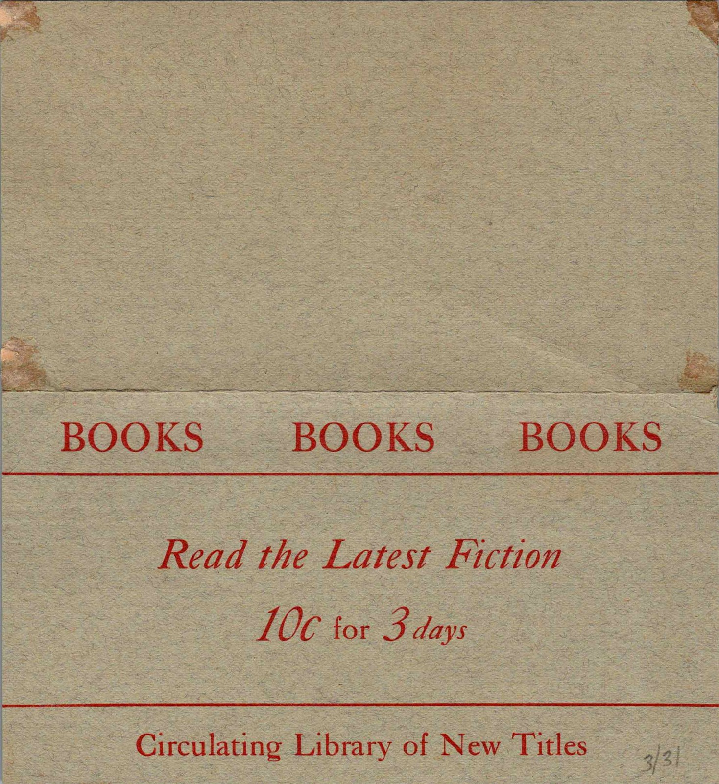 Circulating Library of New Titles Bookmark F H Schaefer Westfield NJ 1940s