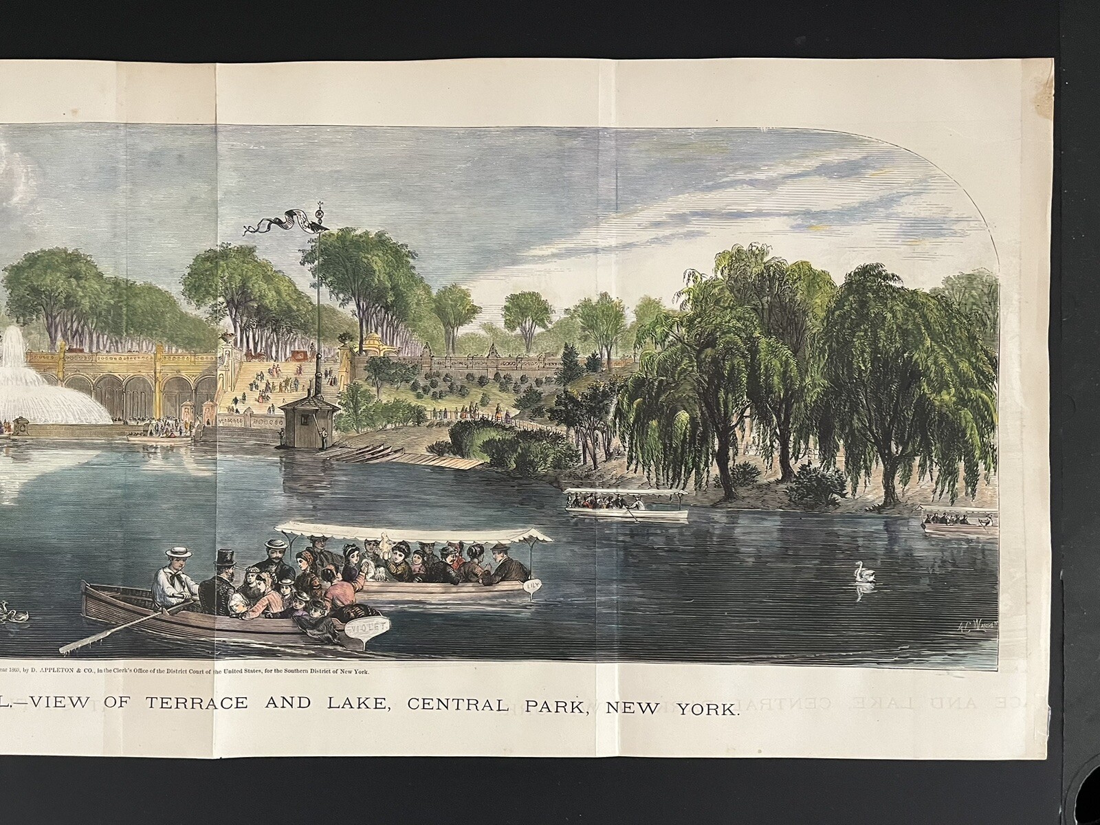 HAND COLORED PRINT CENTRAL PARK,NEW YORK CITY, 1869 APPLETONS’ JOURNAL. 30”x 11”