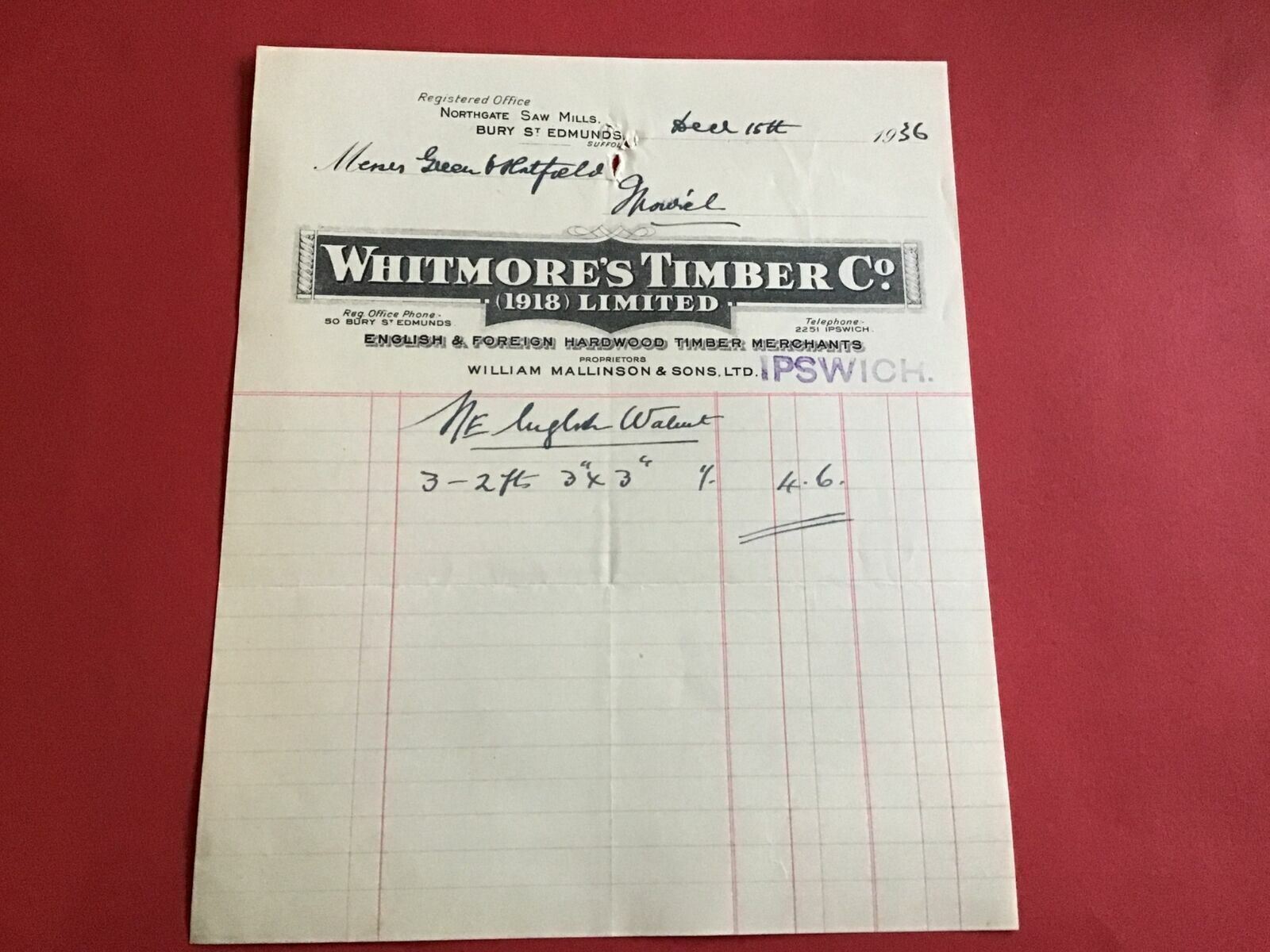 Whitmore’s Timber Co 1936 English & Foreign Hardwood Ipswich receipt R34463