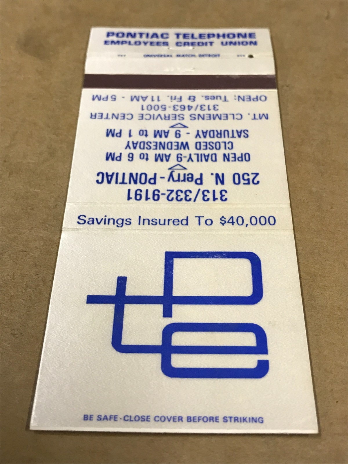 Vintage Pontiac Telephone Employees Credit Union – Matchcover, Matchbook