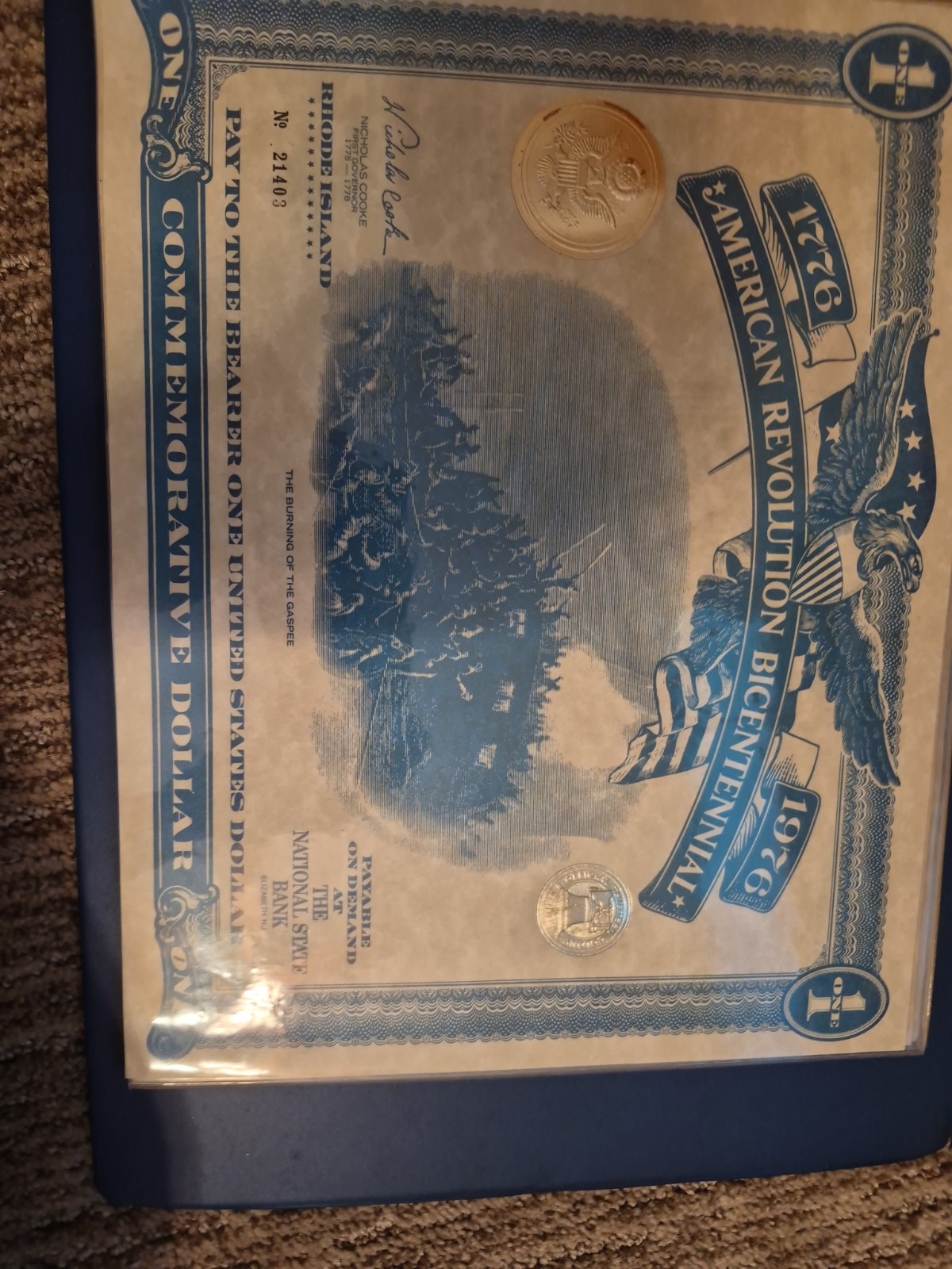 American Revolution Bicentennial Commemorative Dollar Certificate NY 1976