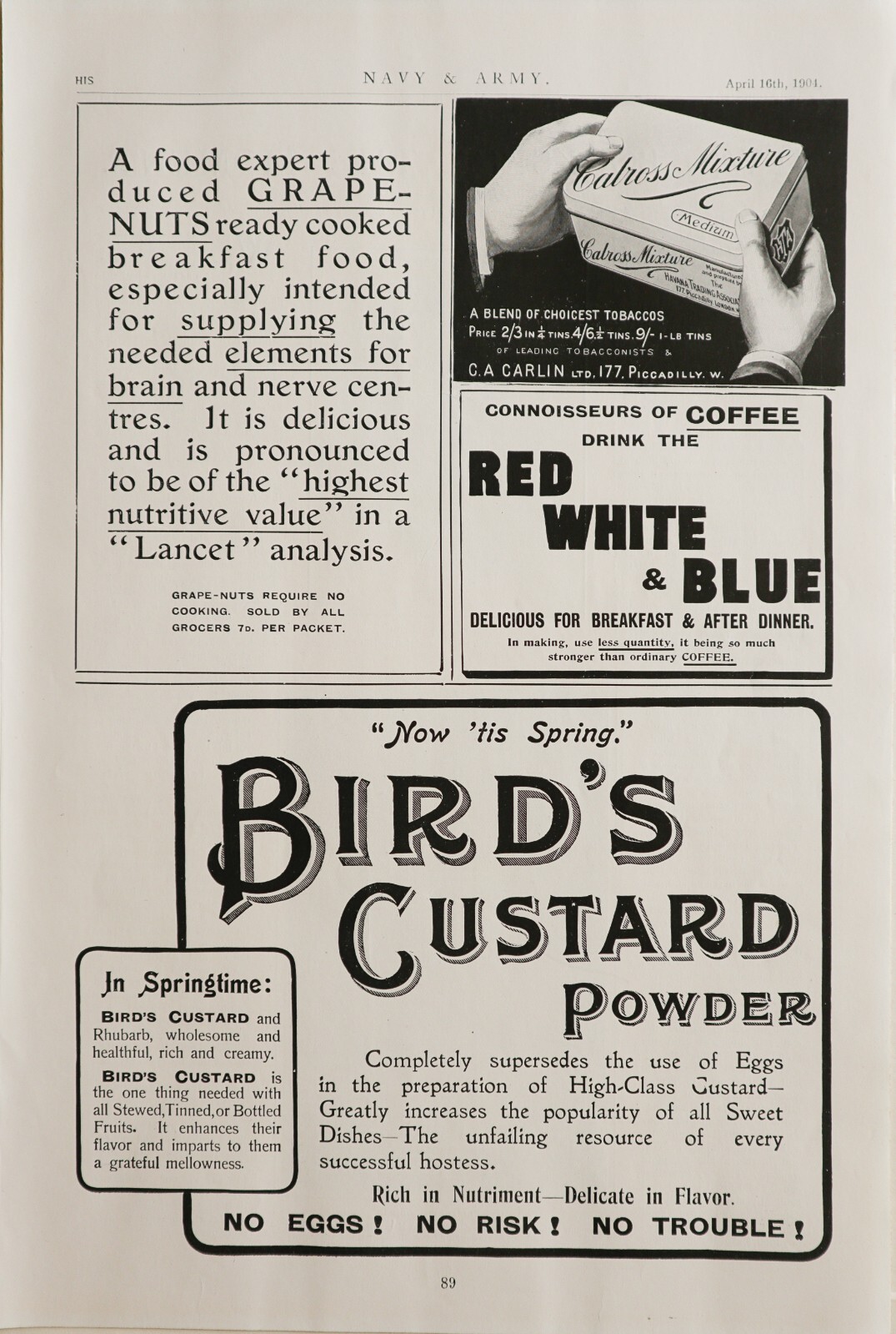 1904 PRINT ADVERTS – RED WHITE & BLUE COFFEE – BIRD’S CUSTARD POWDER