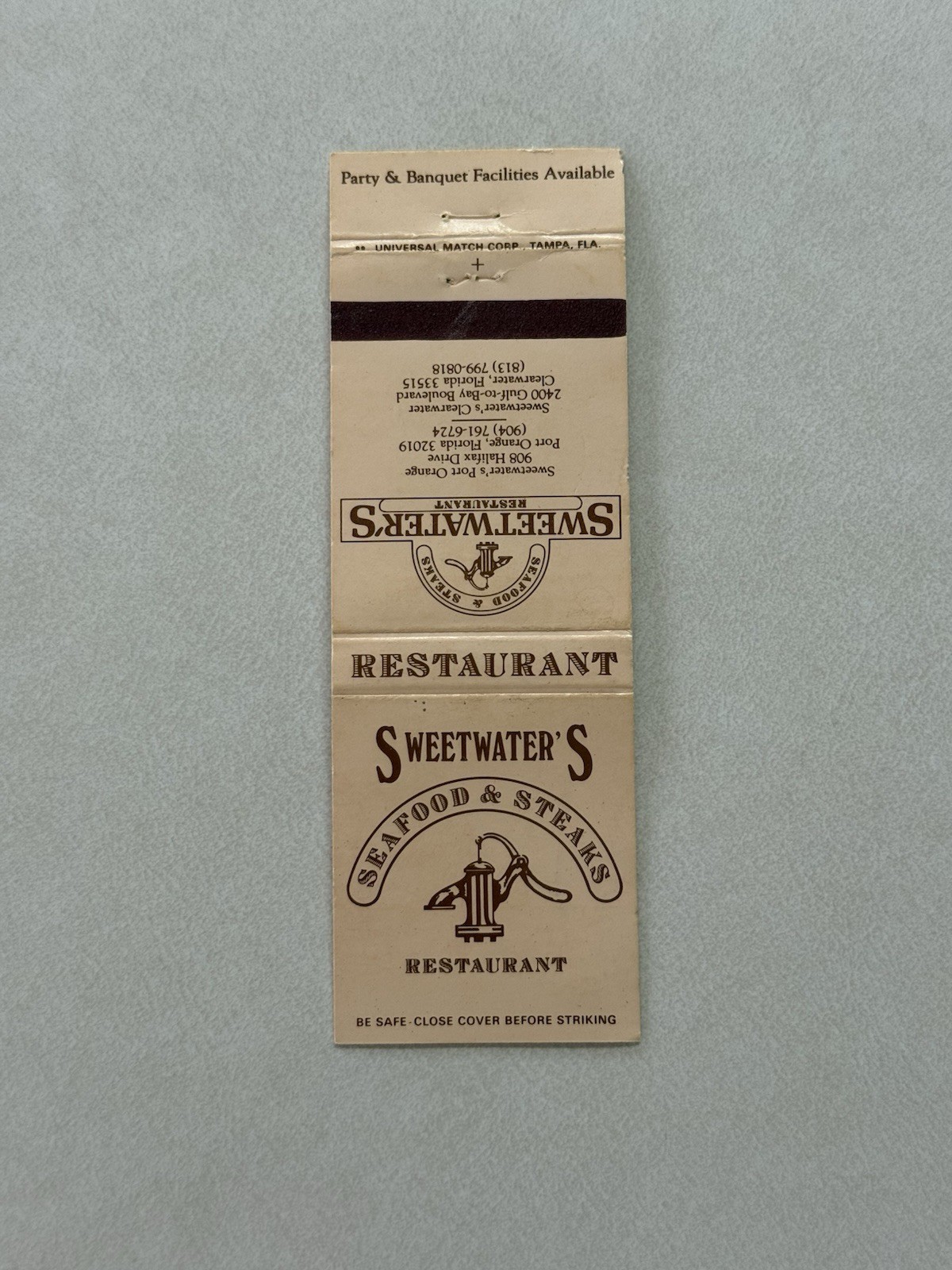 Sweetwaters Restaurant Port Orange Clearwater Florida Matchbook Cover 1A