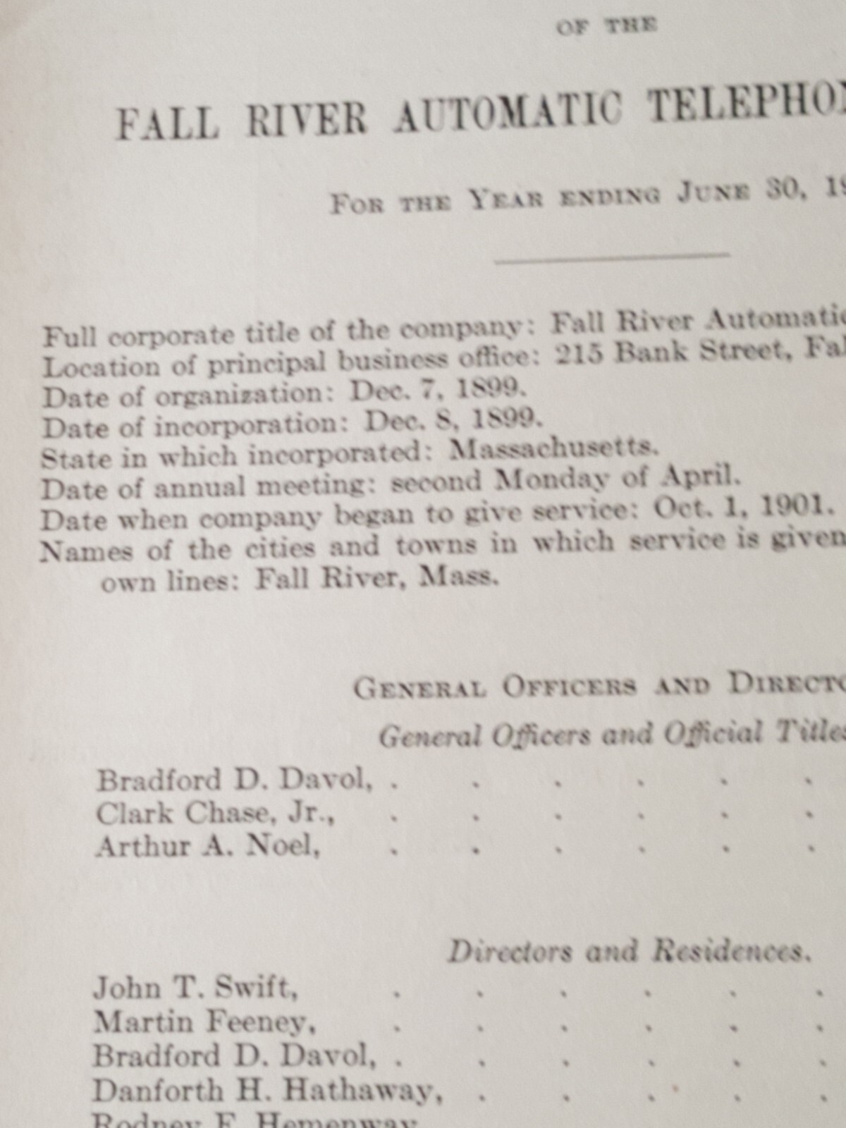 1913 paper FALL RIVER AUTOMATIC TELEPHONE COMPANY Massachusetts Bradford Duval