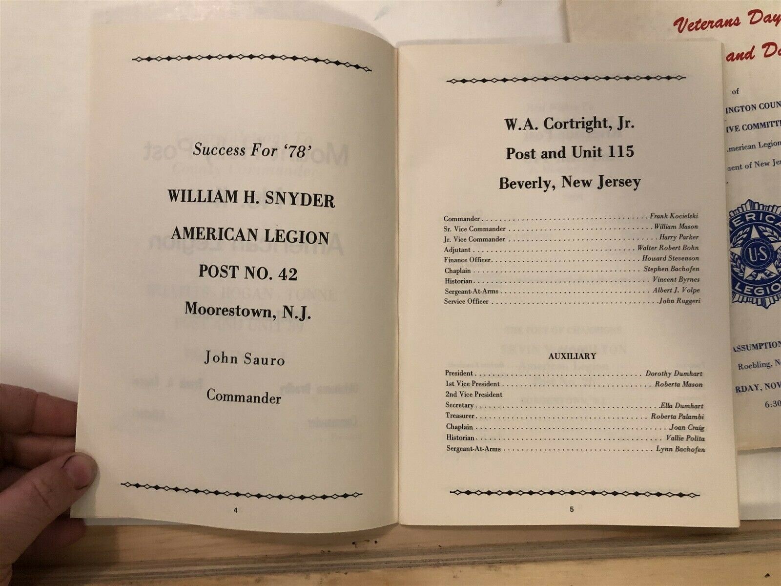 1977 Burlington County Veterans Day Banquet Dance Programs American Legion NJ
