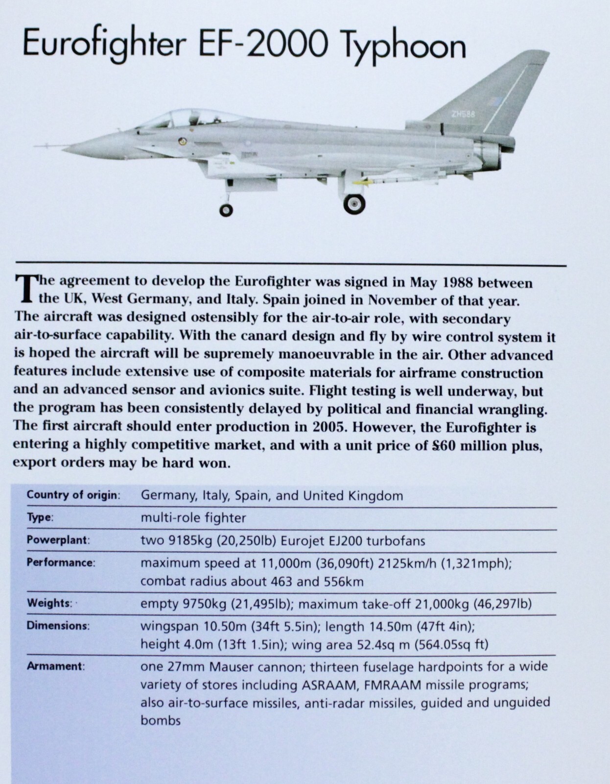 Eurofighter EF 2000 Typhoon Picture Aircraft Out of Print Spec Sheet