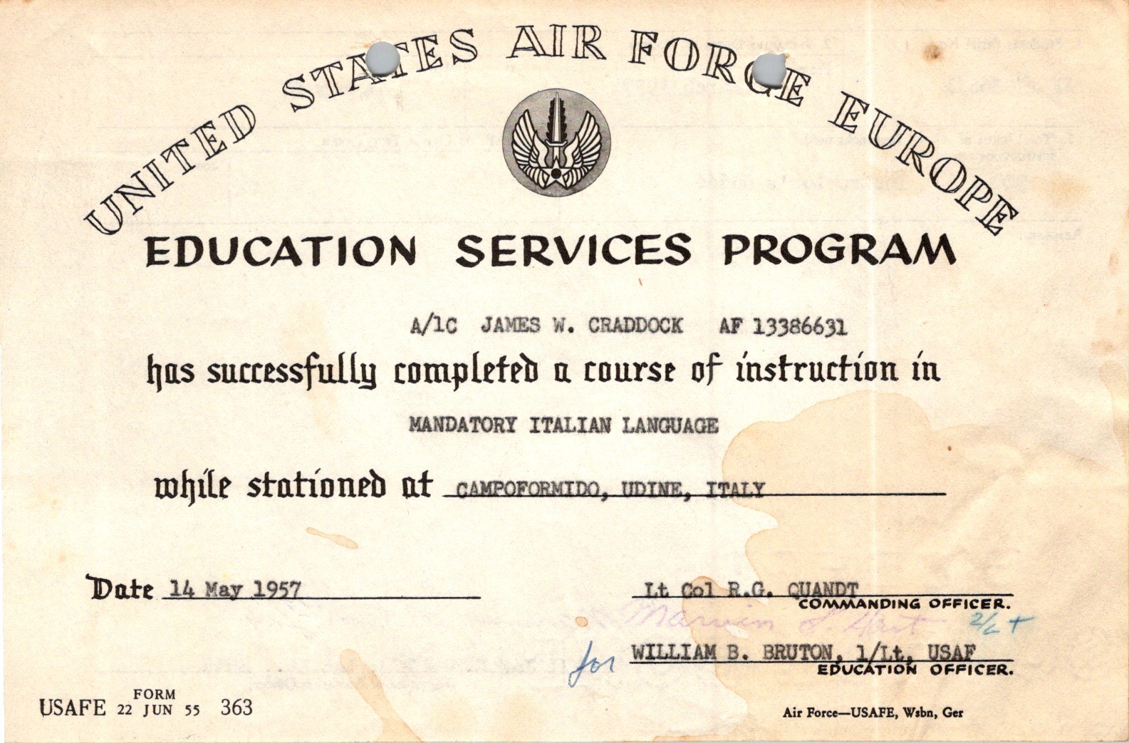 1957 USAFE Italian Language Course Certificate Campoformido Udine Italy Military