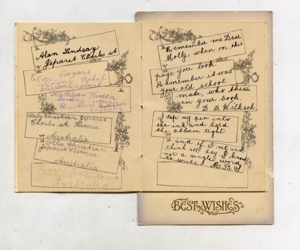 C1910 NOVELTY AUTOGRAPH ALBUM ON POSTCARD WITH INK ENTRIES JEPARIT VICTORIA P20