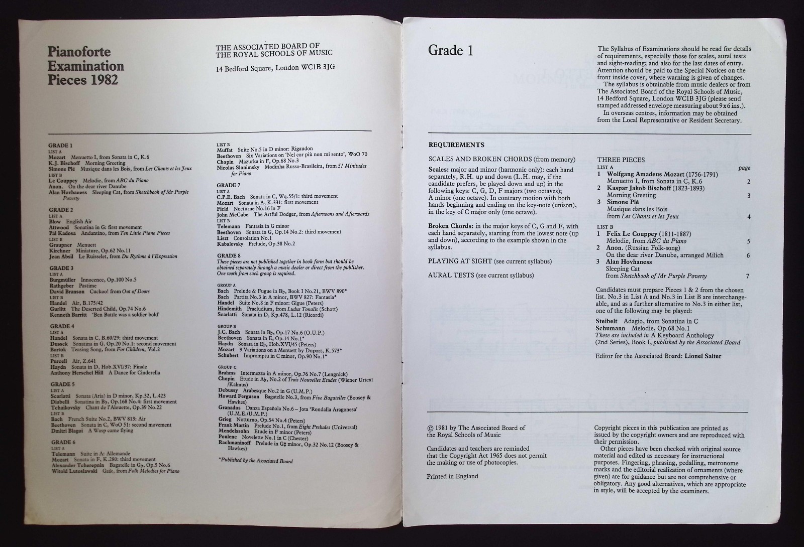 Royal Schools of Music Pianoforte Examination Pieces 1982 Grade 1 Lists A & B