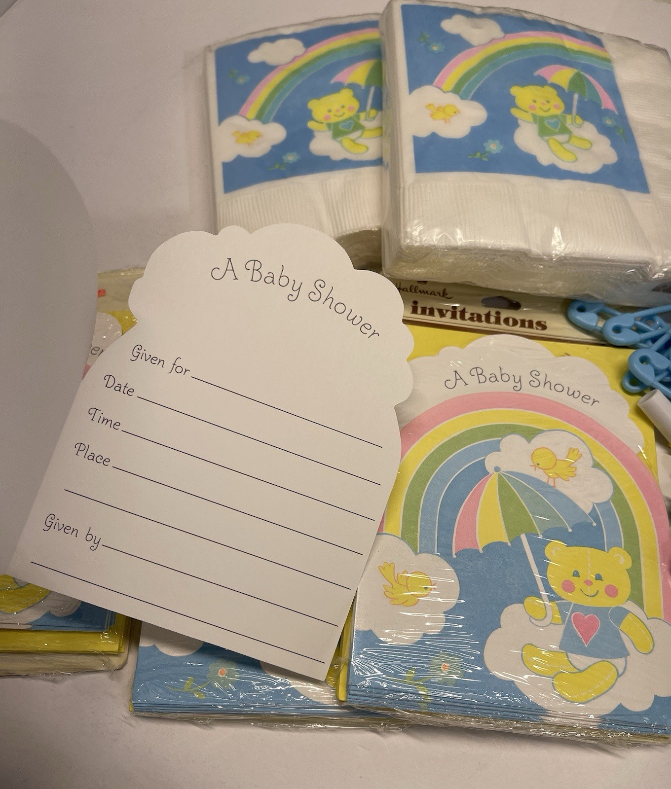VTG Baby Shower Paper Invitations Napkins Rainbow Bear Plastic Bottles Pin Decor