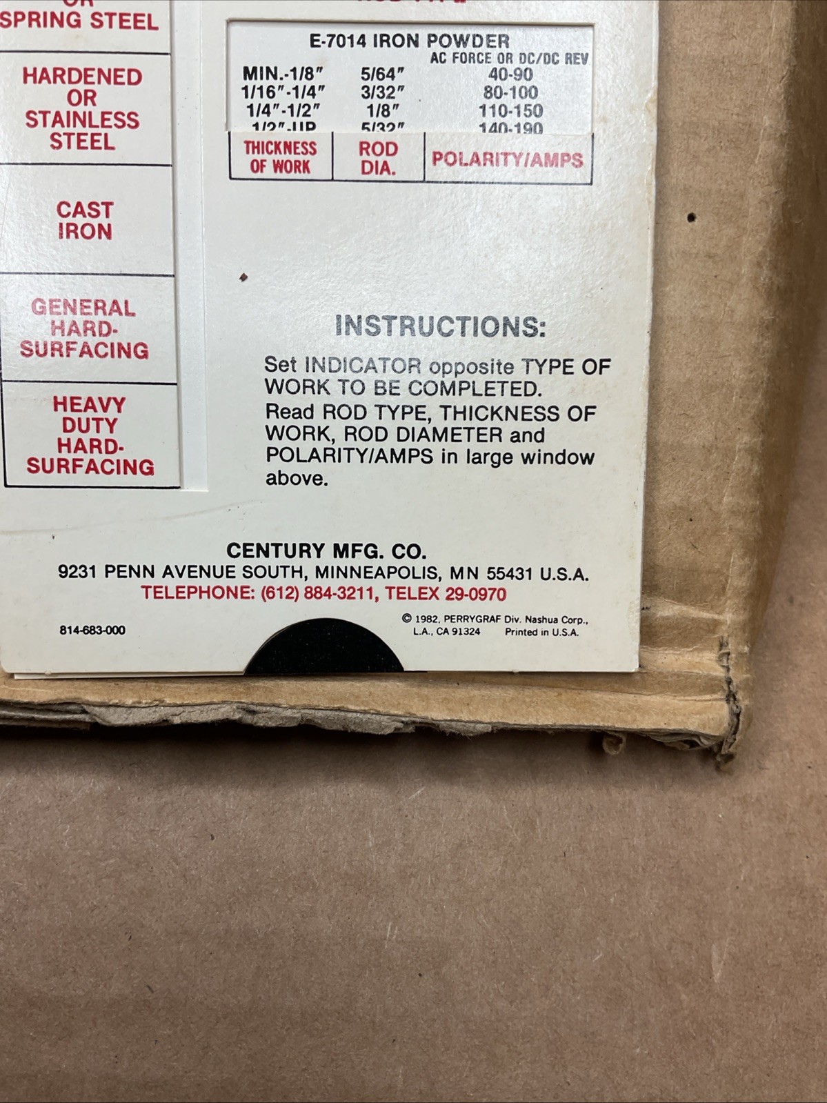 1982 Century WELDING ELECTRODE SELECTION GUIDE Card B70