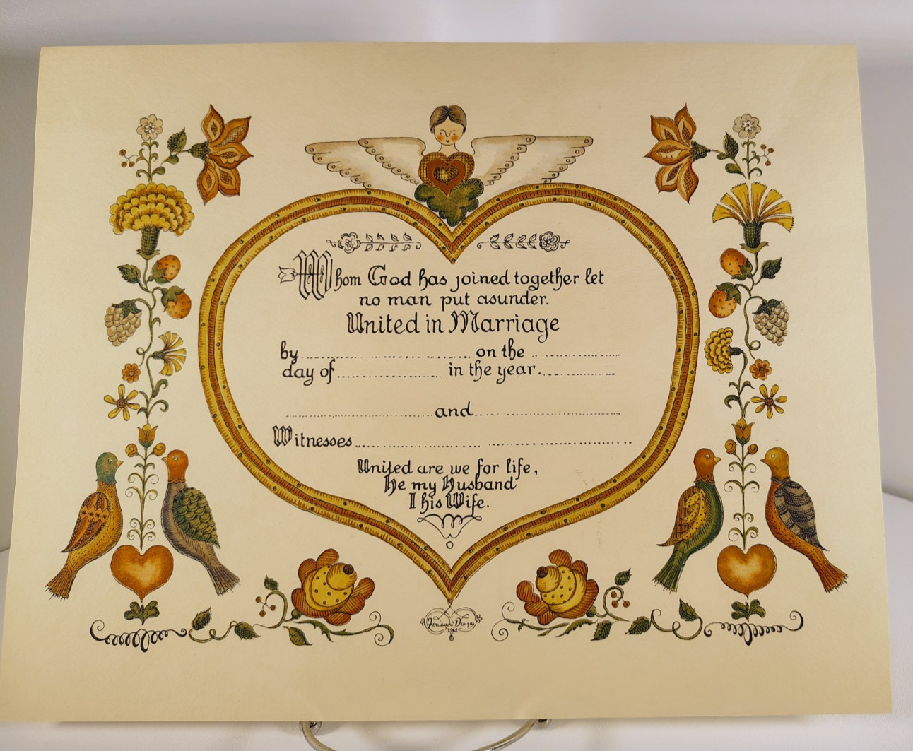 Vintage Primitive Folk Art Marriage Certificate Angel Birds Heart BLANK NEW