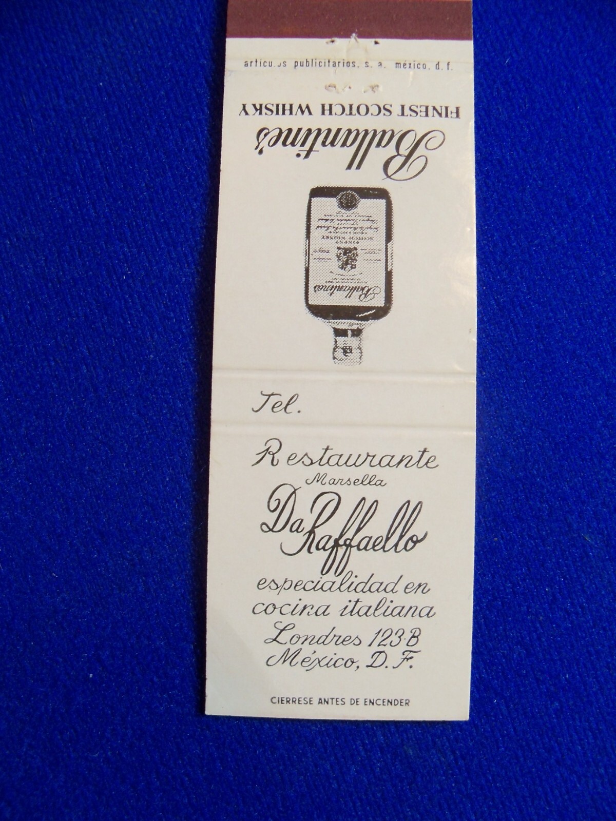 Vtg Ballantine’s Whisky Da Raffaello Restaurant Mexico tax Stamp Matchbook Cover