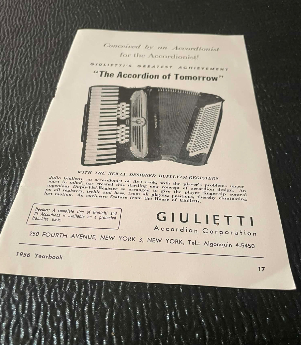 Julio Giulietti New York 3 Advertisement 1956 Sorkin Accordion World Magazine