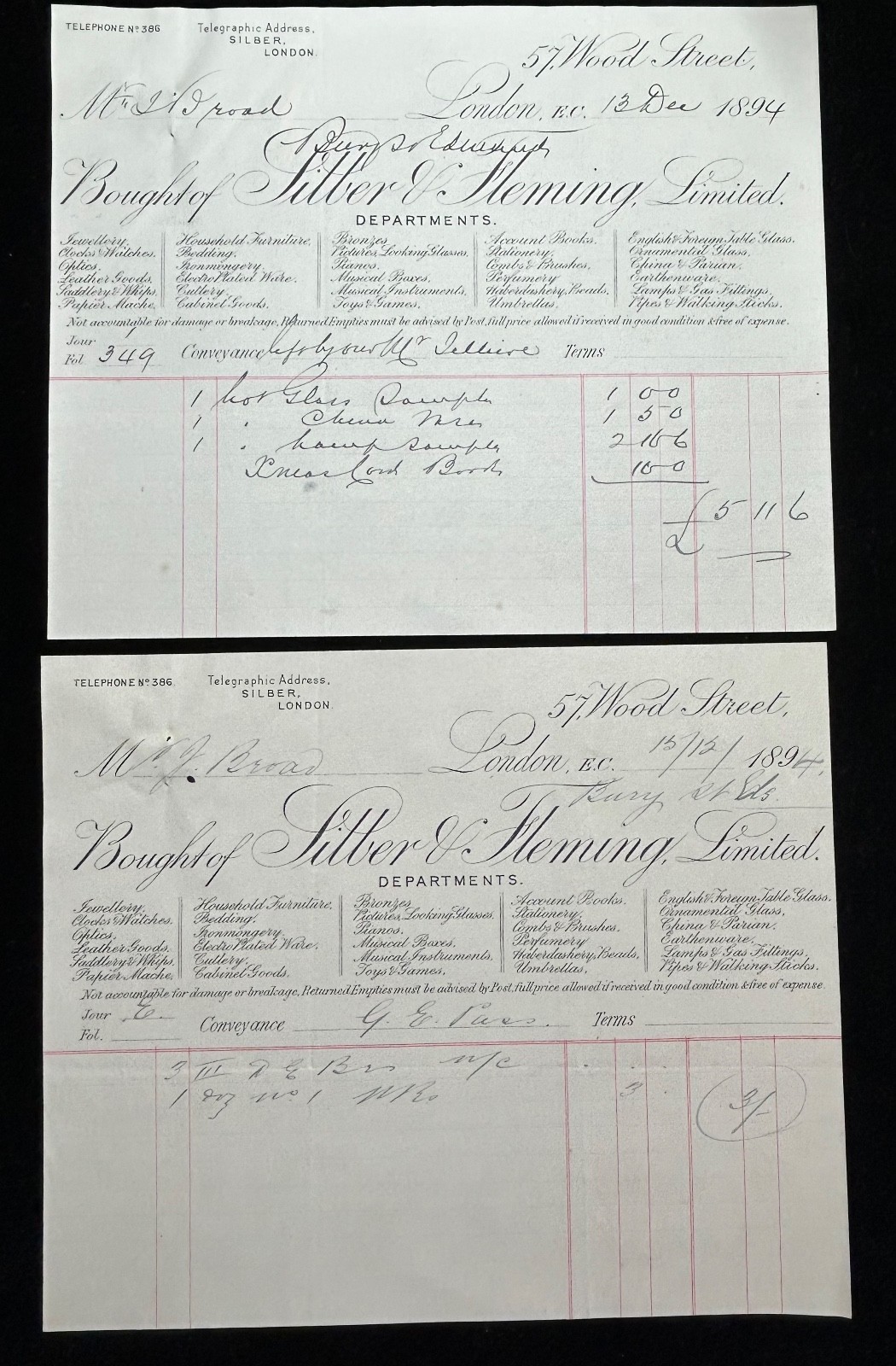 1894 Silber & Fleming, Silber London Invoice Receipt Sales Sheet. #NG50