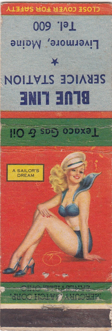 Blue Line Service Station ~ Livermore, Maine ~ Vintage Pin-Up Matchbook Cover