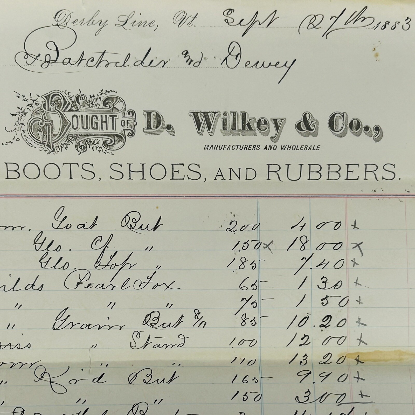 Derby Line, VT 1883 D Wilkey & Co Boots Shoes Rubbers Billhead Invoice Vermont