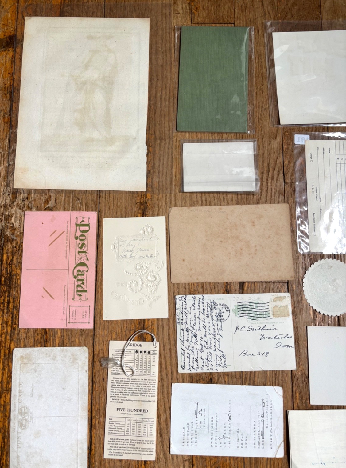 Big Vintage Paper Lot w/ Bridge Tally Cards, Postcards, Labels, Advertising +
