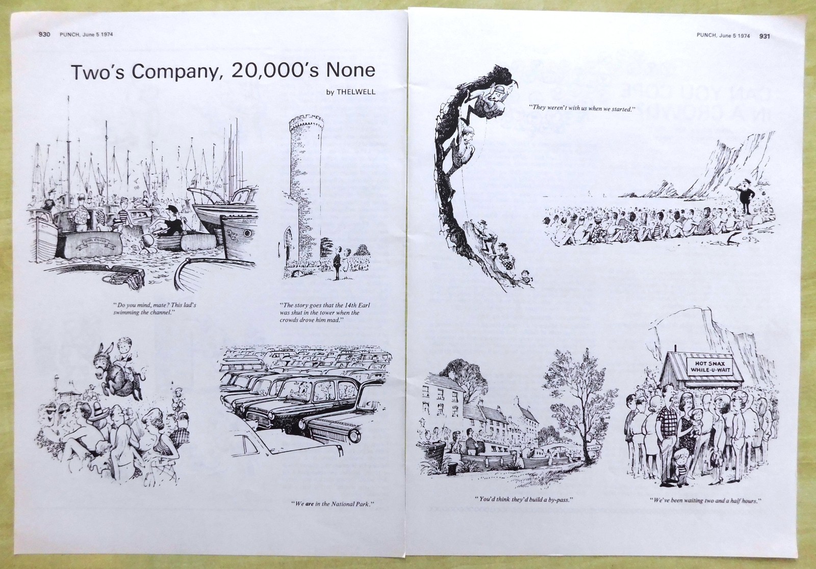 1974 Punch Cartoon “Two’s Company, 20,000’s None” Original 2-page THELWELL Print