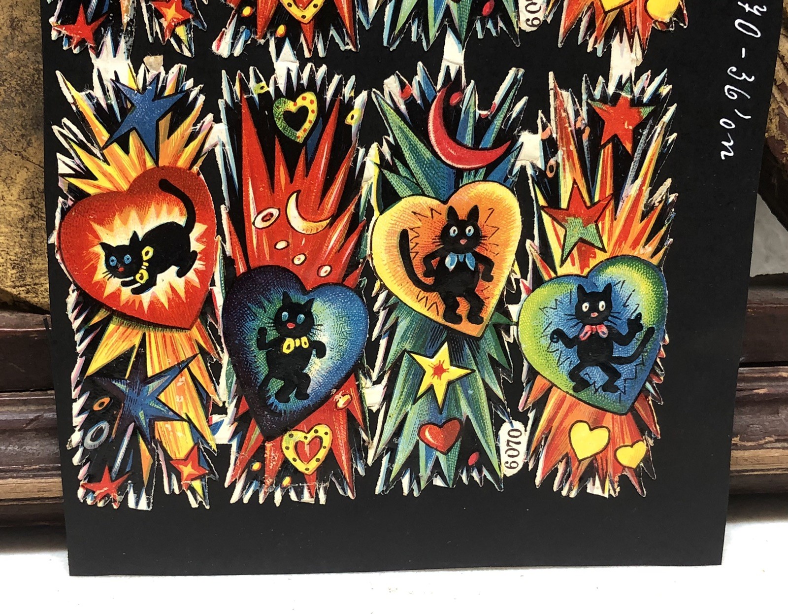 Black Cats & Marks w/ Faces Die Cut Scraps Glued on Paper Double Sided L14
