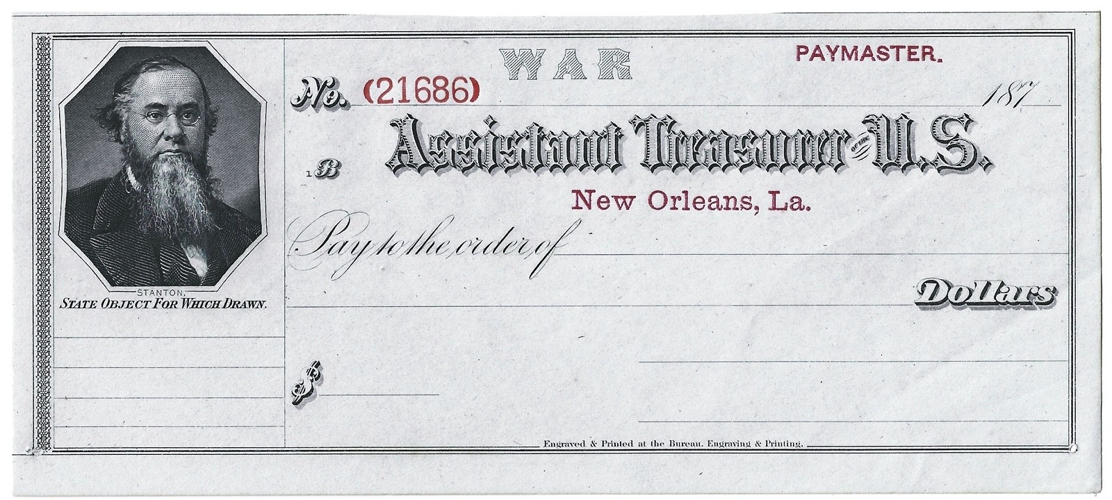 “ASSISTANT TREASURER OF THE UNITED STATES” War Pay Draft 187x