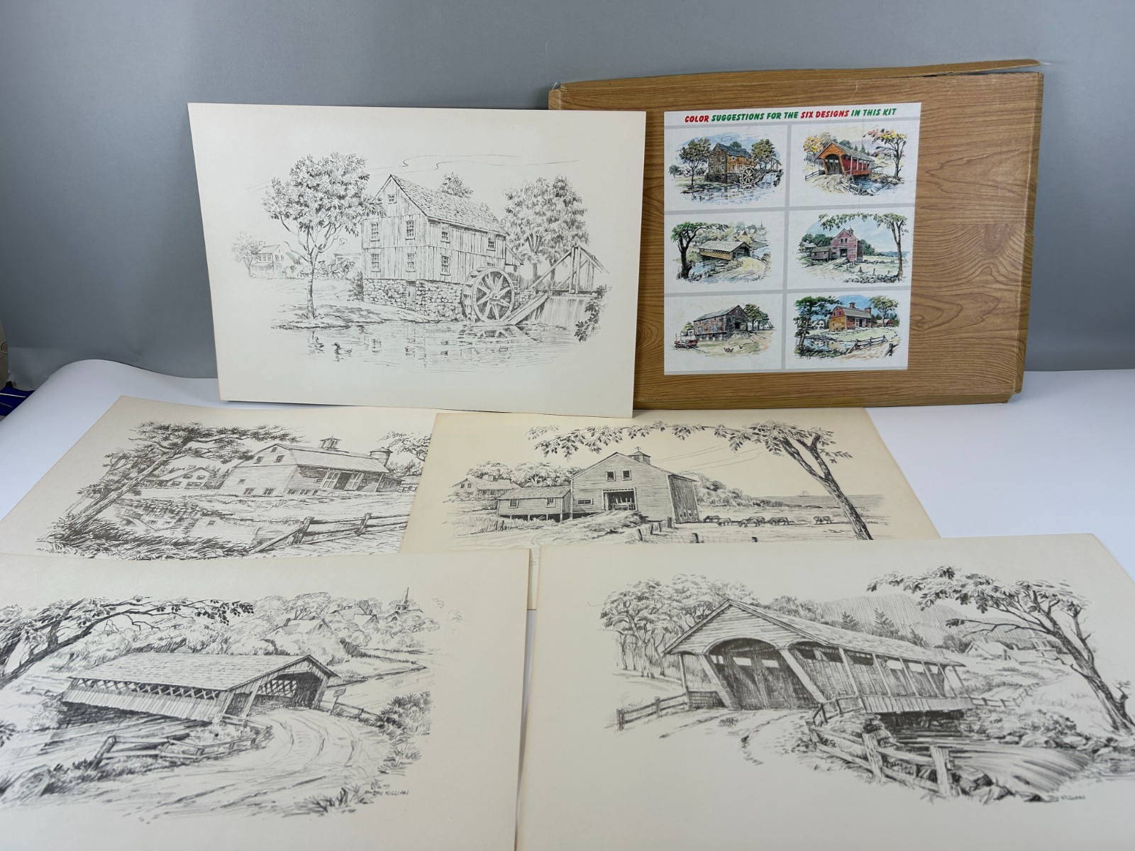 5 Covered Bridges Farmhouses Farms Coloring Pictures Posters Paintables Vintage