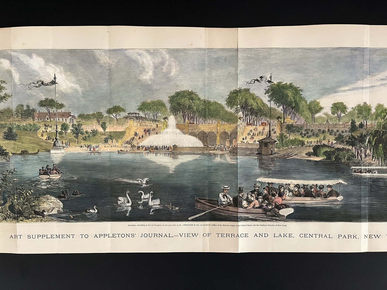 HAND COLORED PRINT CENTRAL PARK,NEW YORK CITY, 1869 APPLETONS’ JOURNAL. 30”x 11”