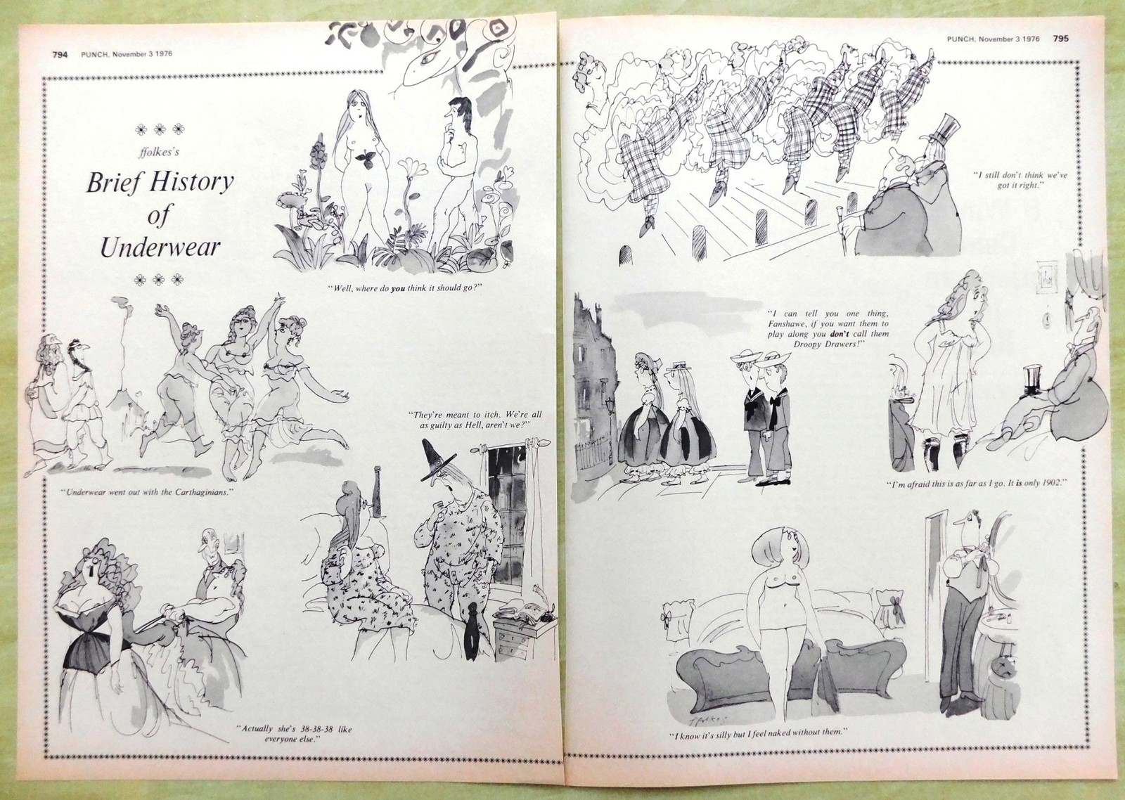 1976 Punch Cartoon “Brief History of Underwear” Original 2-Page FFOLKES Print