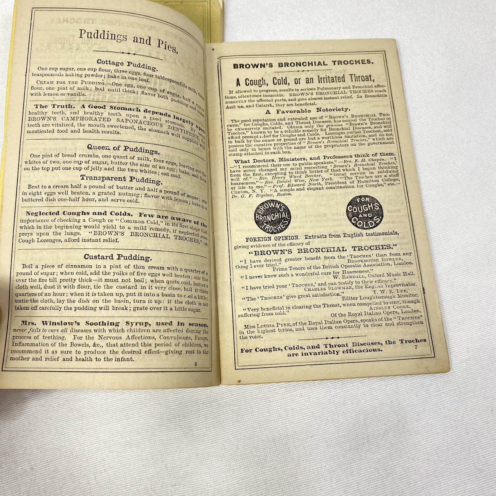 Lot of 2 Mrs Winslow’s Receipt Books 1872, 1877 Brown’s Bronchial Troches