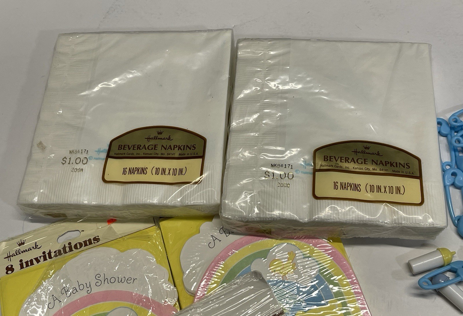 VTG Baby Shower Paper Invitations Napkins Rainbow Bear Plastic Bottles Pin Decor