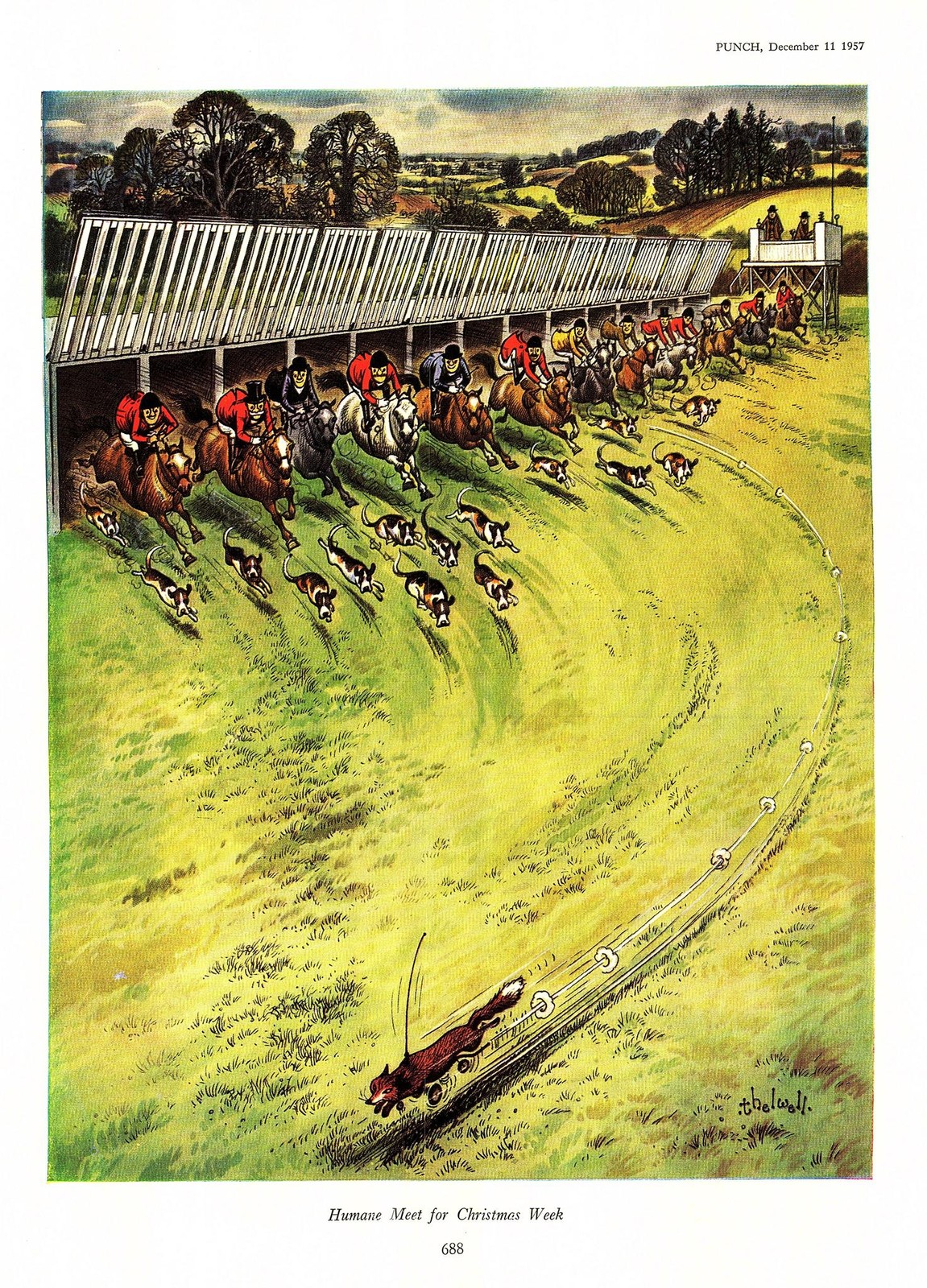 Original 1957 Punch THELWELL Colour Cartoon Print ‘Humane Christmas Fox Hunt’
