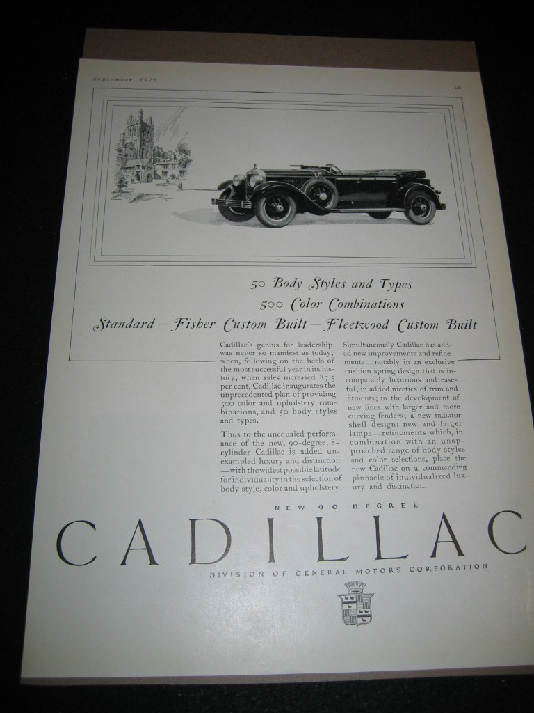 1926 90 Degree CADILLAC V 8 CONVERTIBLE vtg Car Magazine Print Ad Advertisement