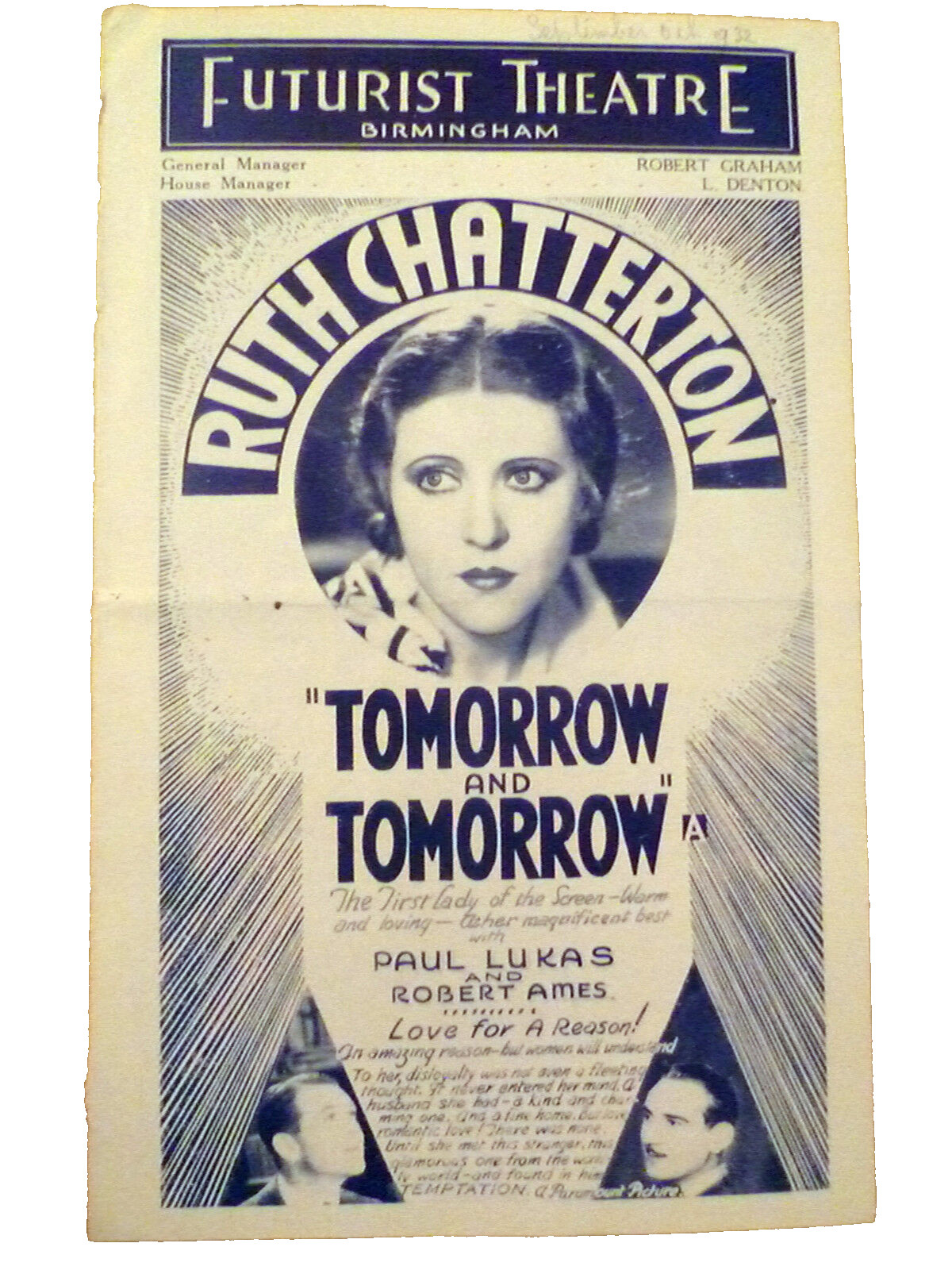 1932 Cinema Programme Tomorrow and Tomorrow Ruth Chatterton Paul Lukas Rob Ames