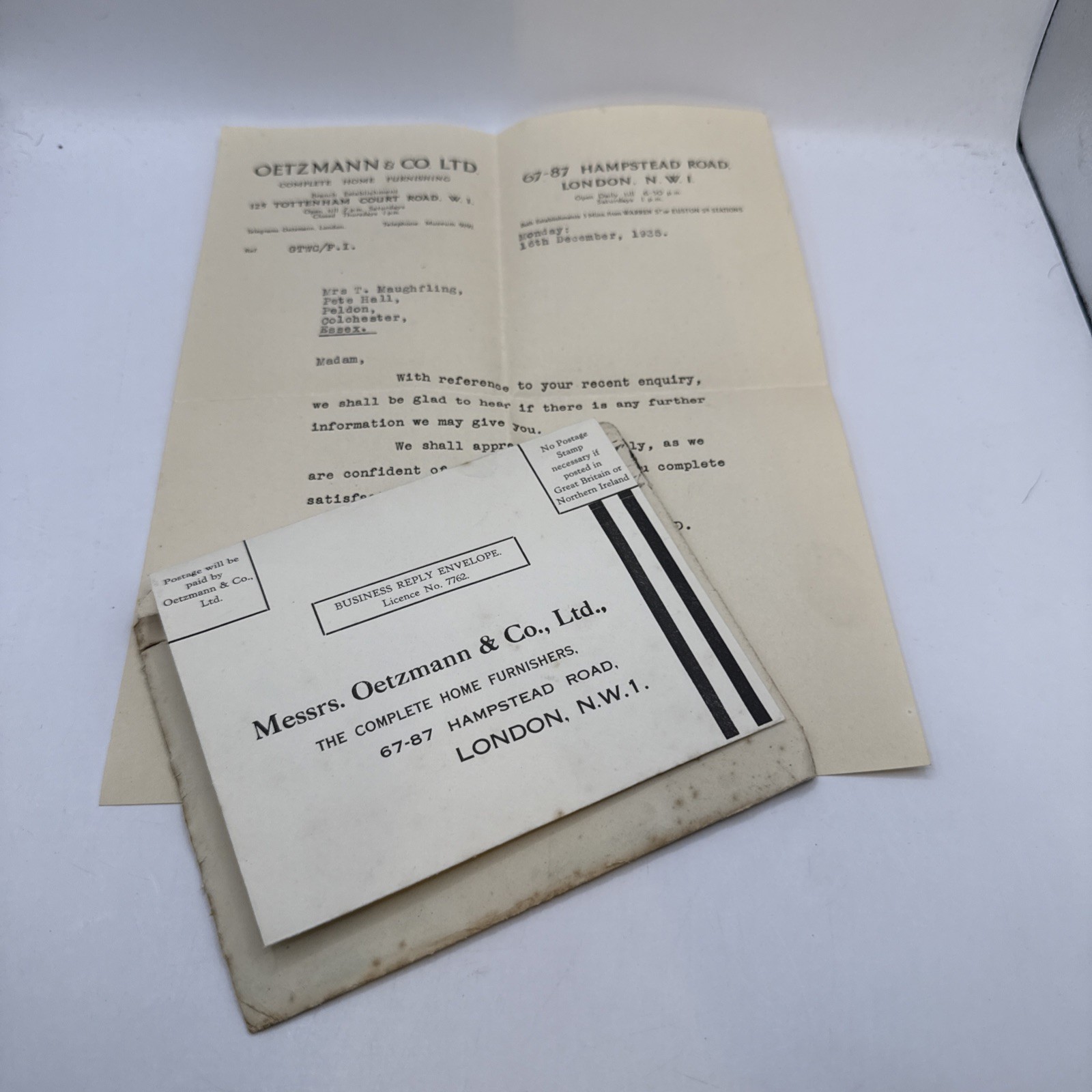 1936 LETTER & PRE-PAID ENVELOPE OETZMANN & Co LONDON