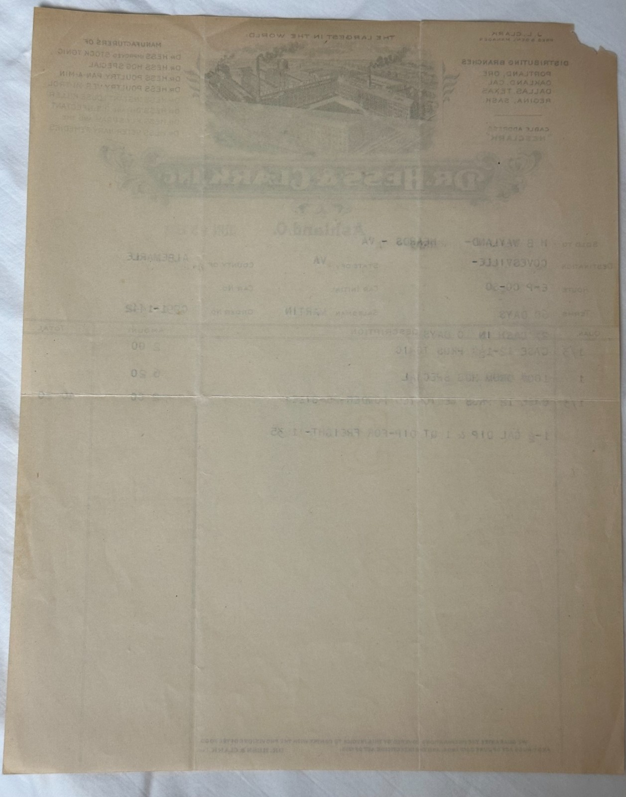 Dr. Hess & Clark, Inc., Ashland, OH 1934 Invoice to H B Wayland, Covesville, VA