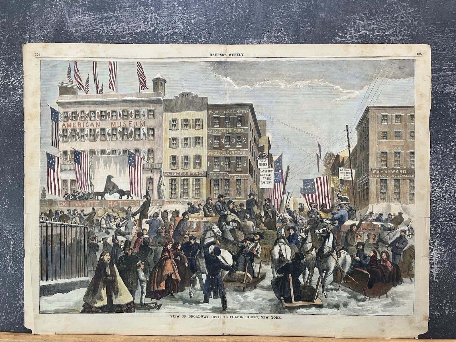 1860 VIEW OF BROADWAY, NEW YORK HARPER’S WEEKLY HAND COLORED
