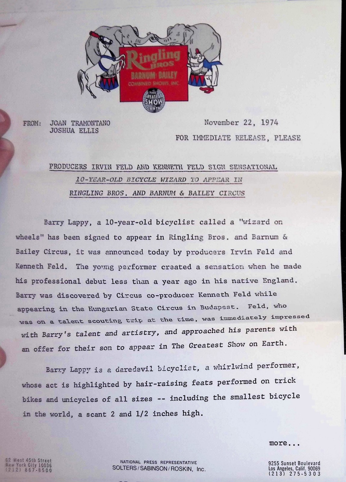 1974 Ringling Bros Circus Press Release Barry Lappy Bicycle Wizard 2pp Envelope
