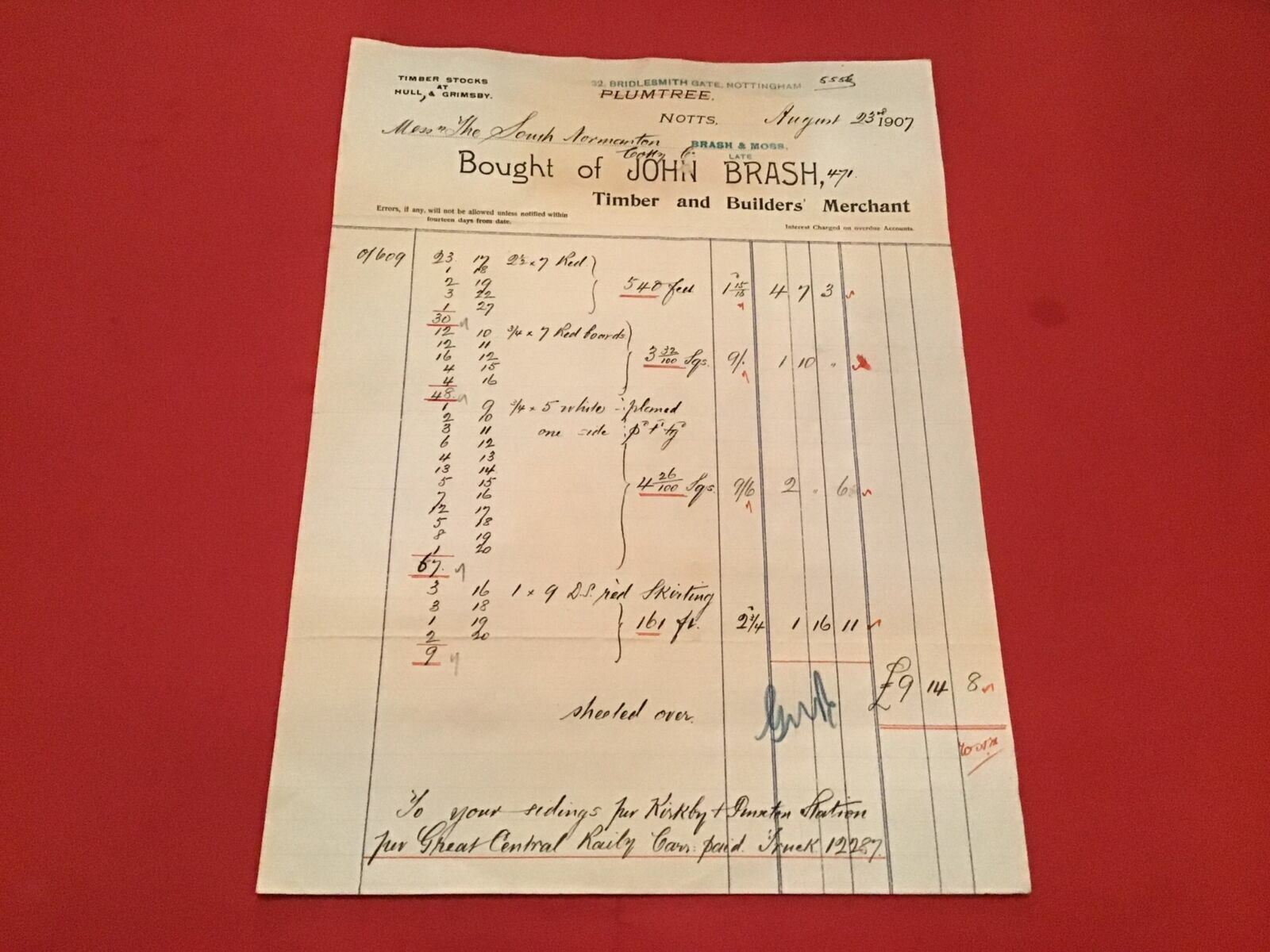 John Brash Nottingham 1907 Timber & Builders Merchant Red Boards receipt R35811