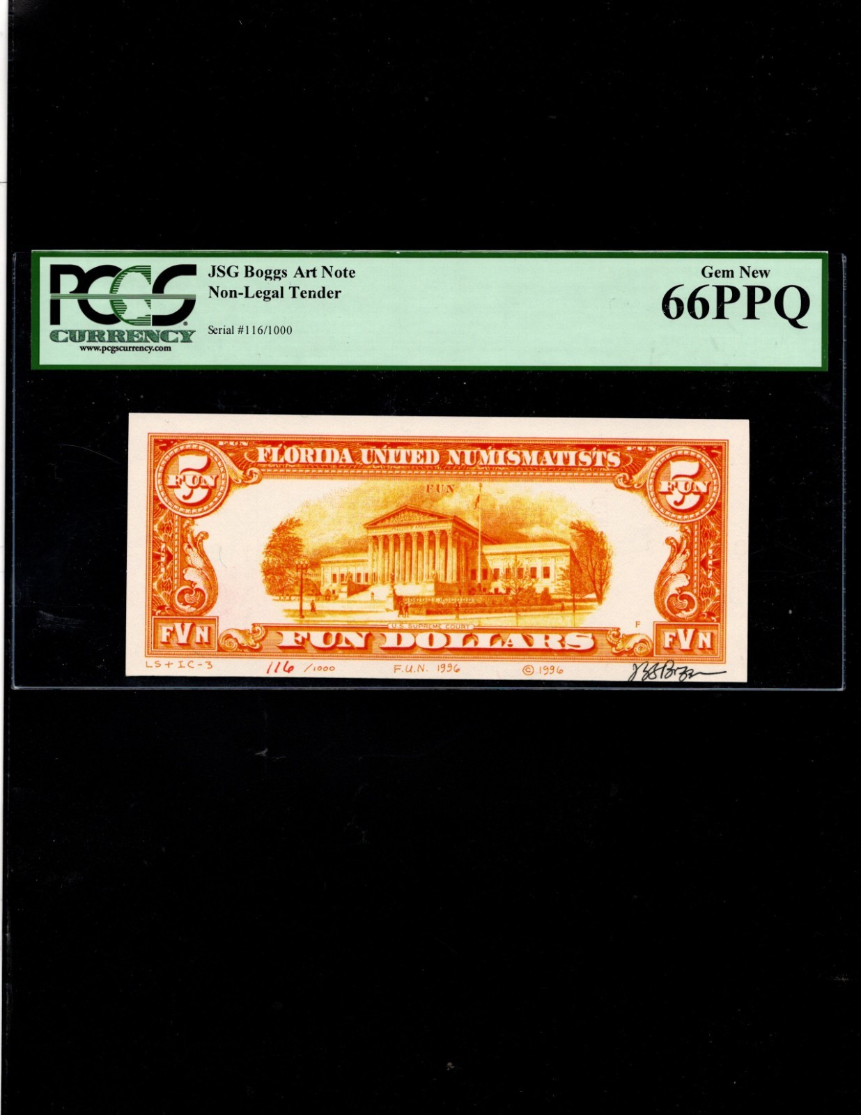 JSG Boggs Art Note – 5 Dollars – #116 FUN Show 1996 – PCGS66PPQ