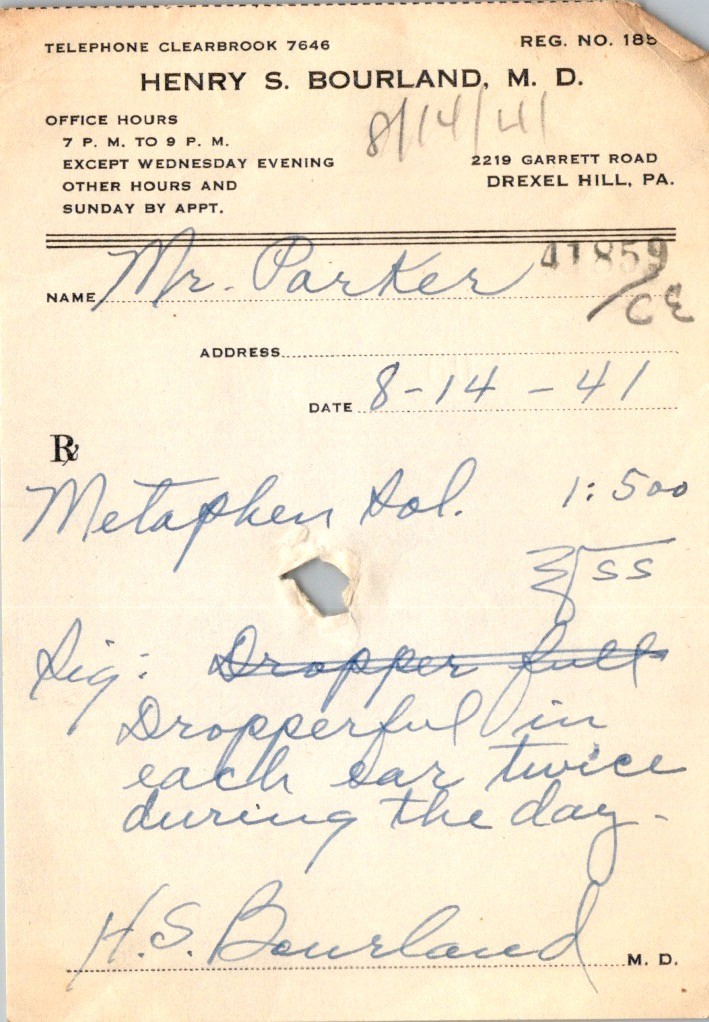 500 Drexel Hill PA 1941 Dr. Bourland Metaphen Prescription Script Antique