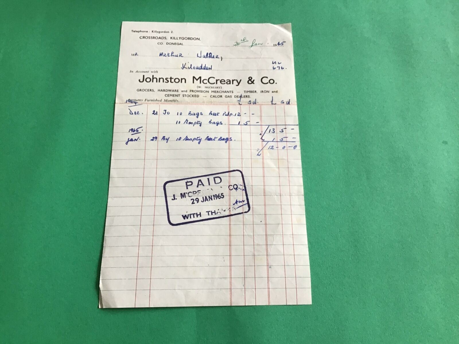 Johnston McCreary & Co Grocers Hardware Timber Iron 1965 Donegal receipt R37371