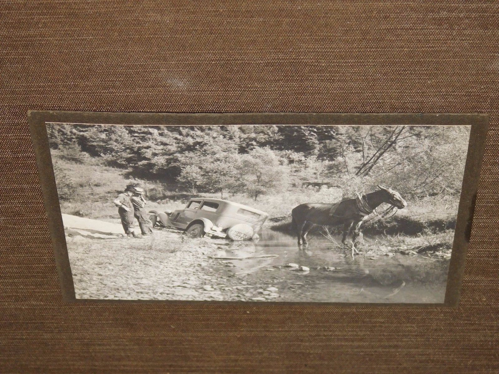 VINTAGE 6 1/2″ X 4 3/4″ OLD DOUBLE COLA TRUCK & HORSE IN RIVER STREAM PHOTO
