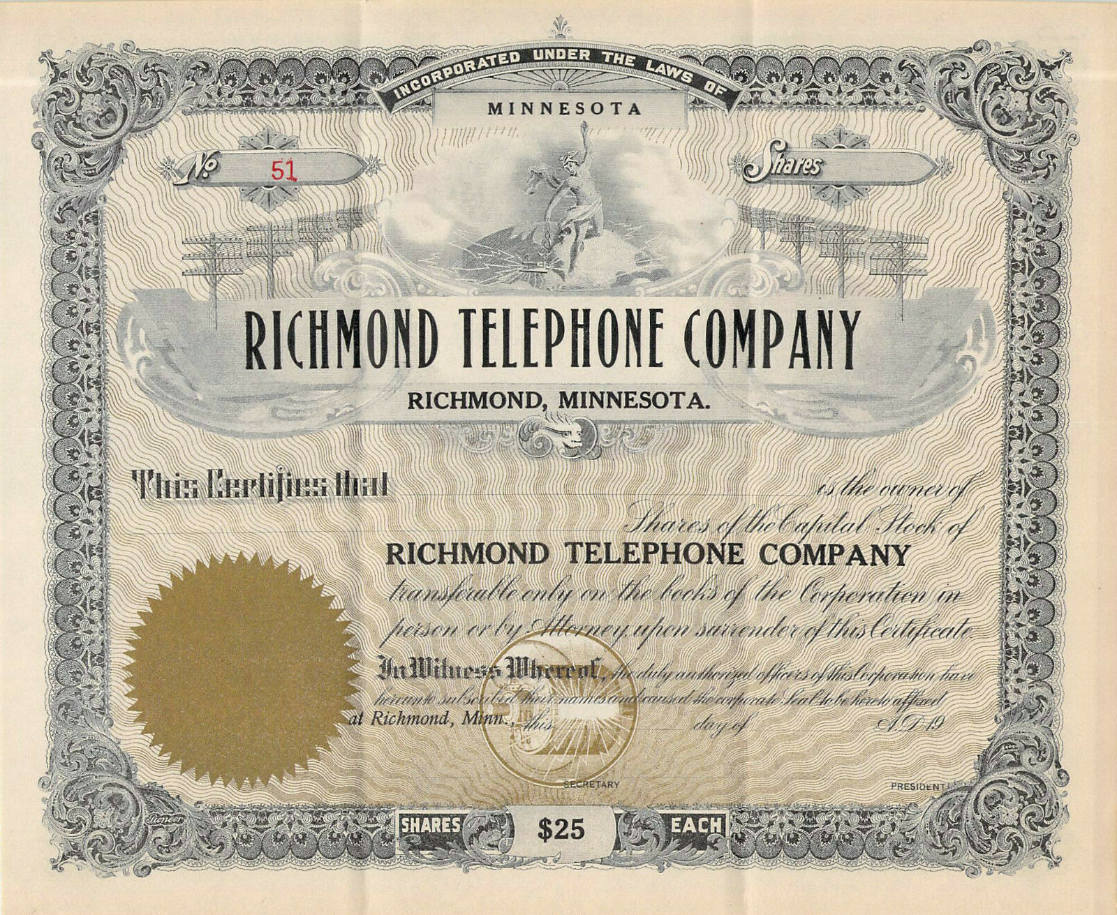 TELEPHONE POLES RICHMOND MINNESOTA STOCK CERTIFICATE