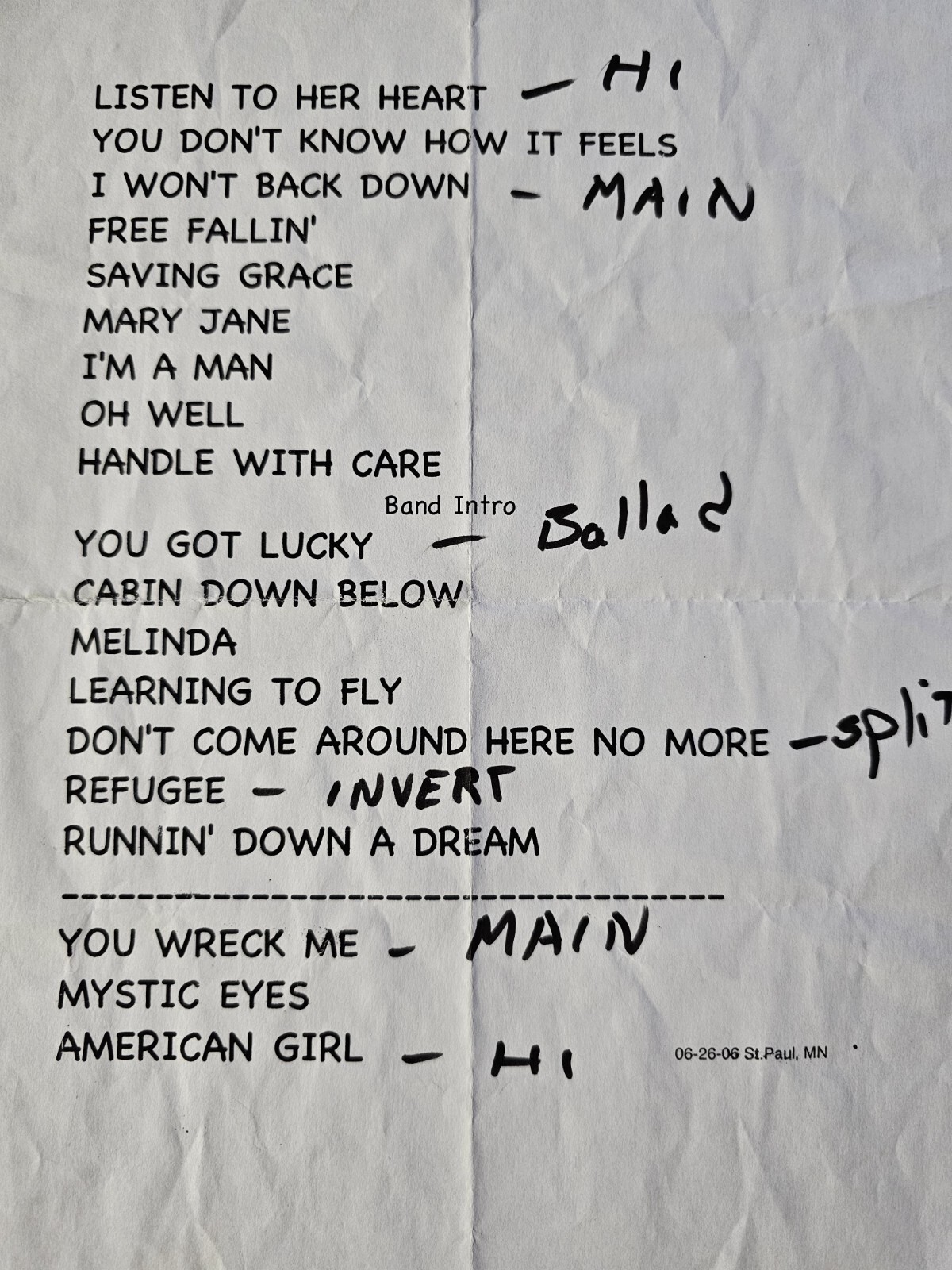 Tom Petty Authentic 6-26-2006 St Paul Minnesota Concert Setlist w/ Pearl Jam