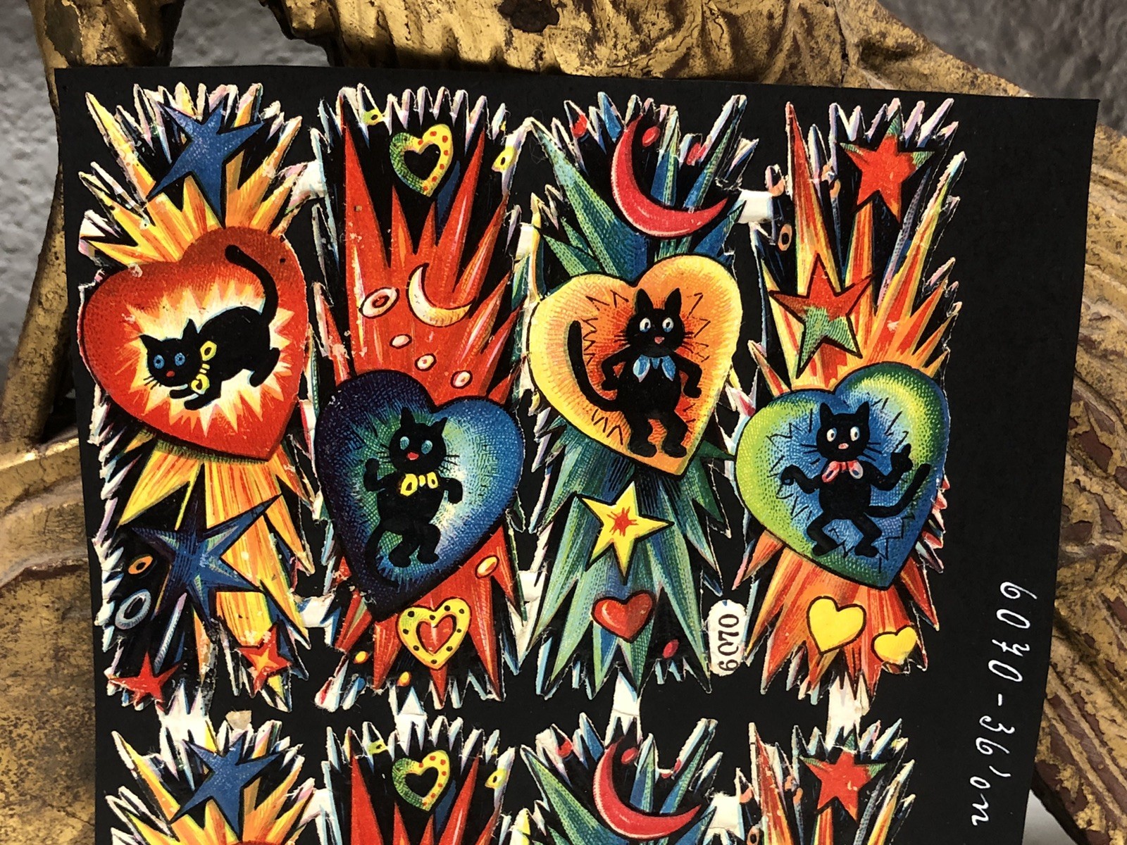 Black Cats & Marks w/ Faces Die Cut Scraps Glued on Paper Double Sided L14