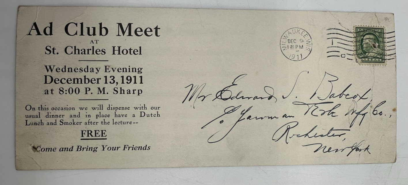 1911 Milwaukee Ad Club Meet Postal Card Invitation Edward S. Babcox Stereopticon
