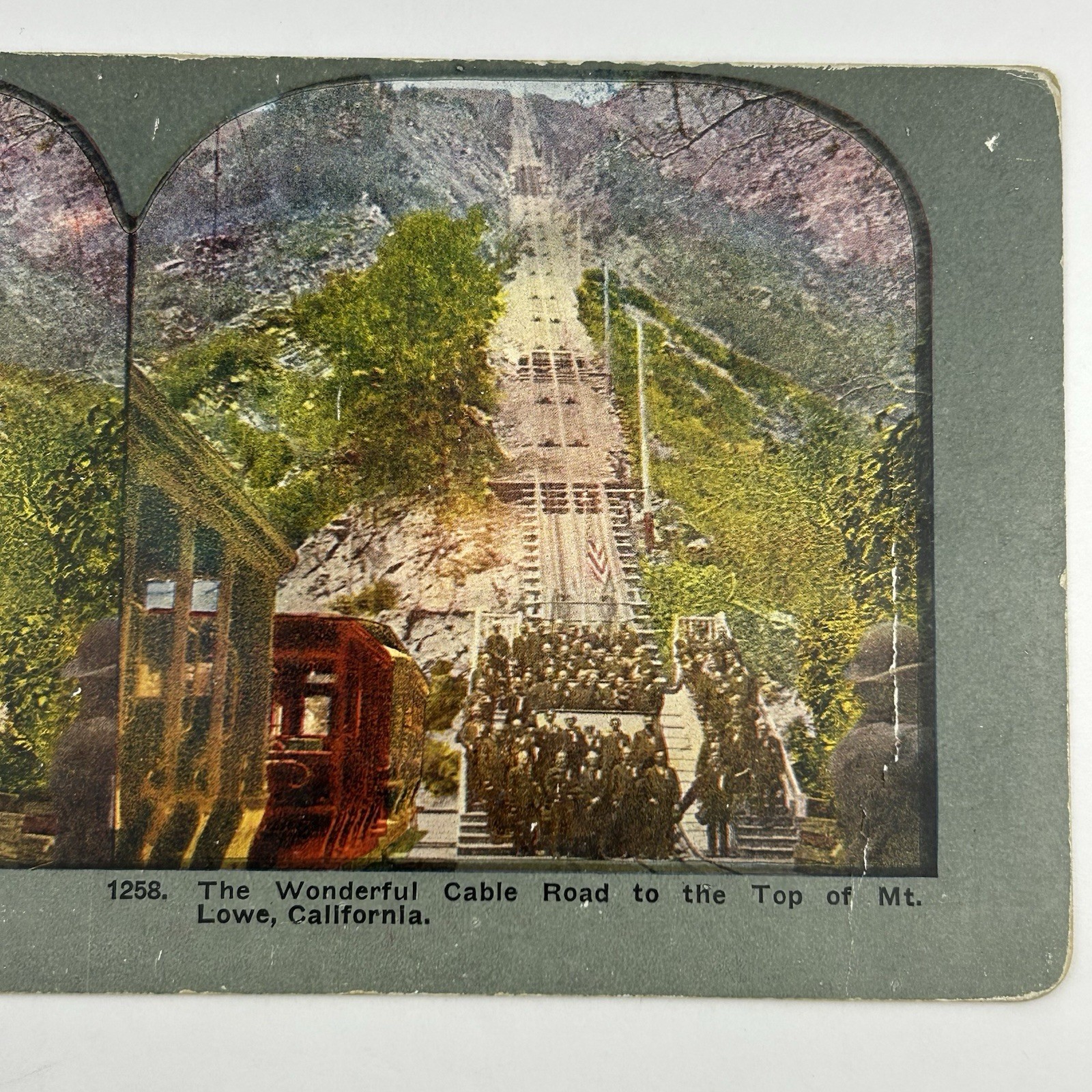 Antique Mt Lowe Incline Railway California Color Lithograph Stereoview Card L-1
