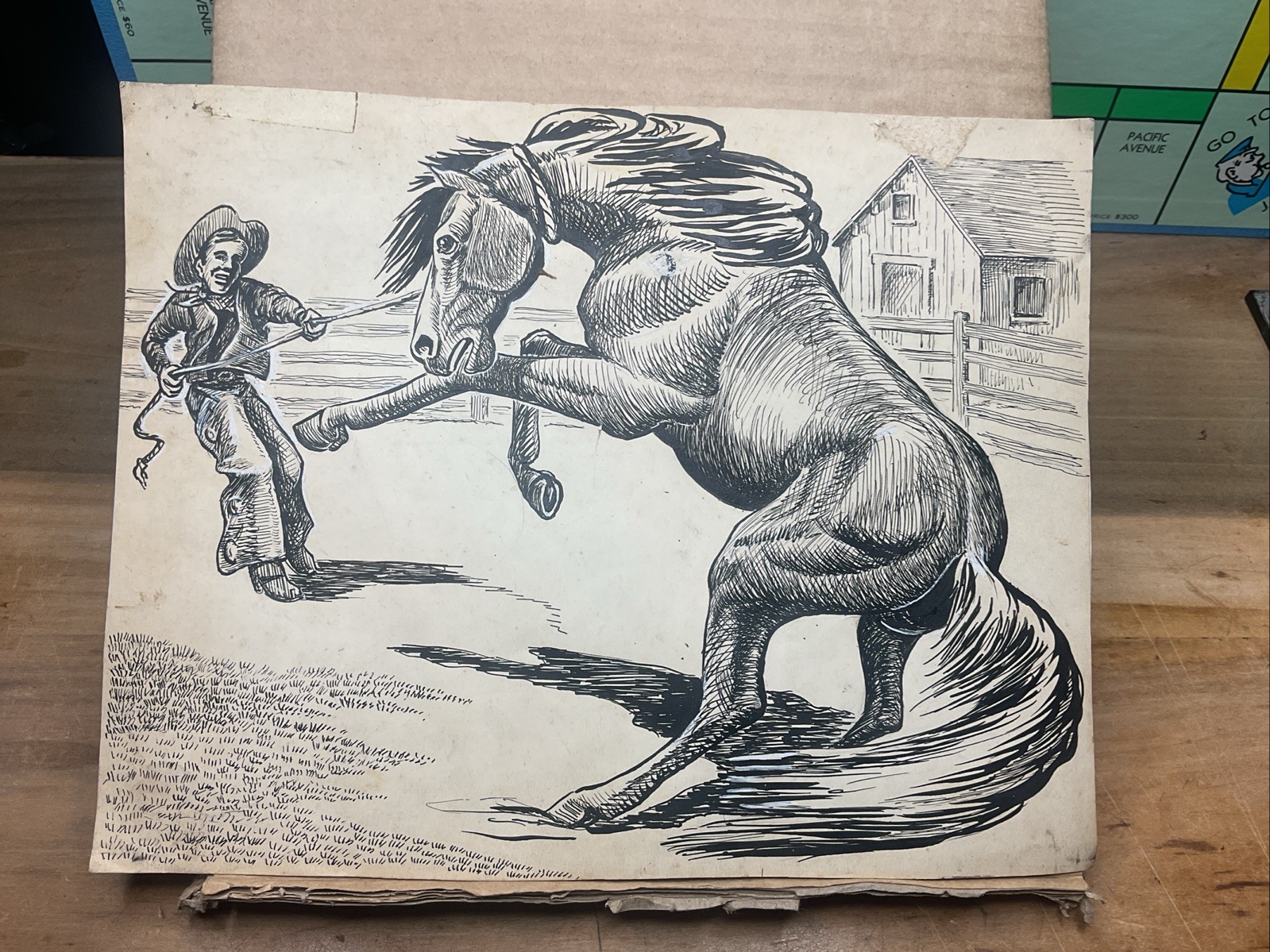 Vintage Hand Drawn Picture Of Cowboy & Horse – Unknown Artist B57